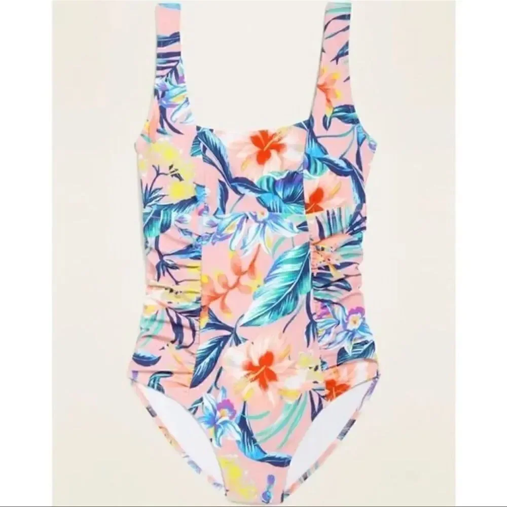 Old Navy Square Neck One Piece Tropical Floral Print Swimsuit Size Small